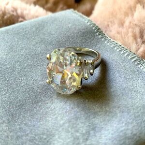 Oval Cut Center Diamond Simulant Stone Epaulette Silver Cocktail Ring Size 7